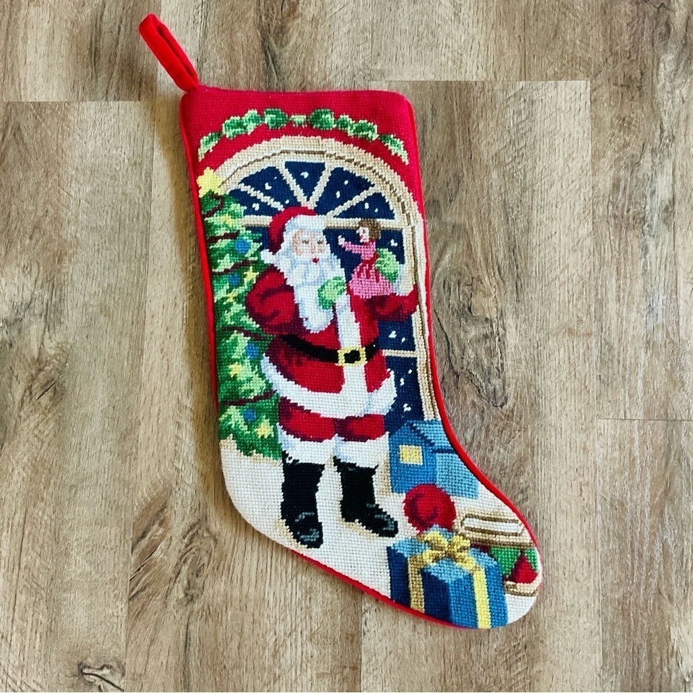 VTG Macy’s Stocking Needlepoint Santa Christmas Red Holiday Velvet Back Tree Dol